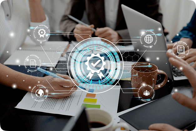 Team of professionals analyzing digital compliance workflow data