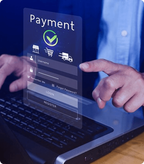 Laptop generating a glowing digital payment form over the keyboard