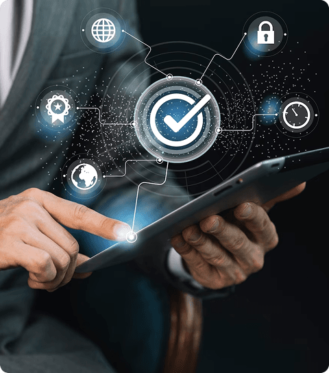 Security shield floating above tablet held by a person in a suit