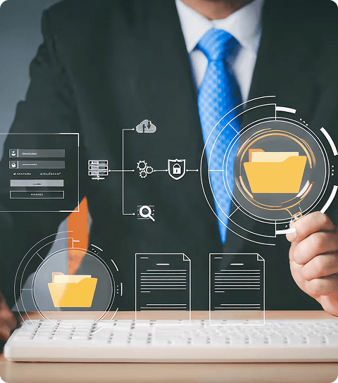 Man looking at computer security compliance graphic