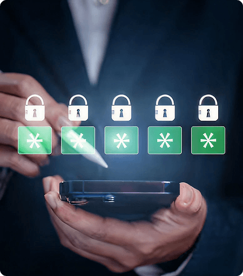 Person using tablet displaying secure authorization and verifications symbols