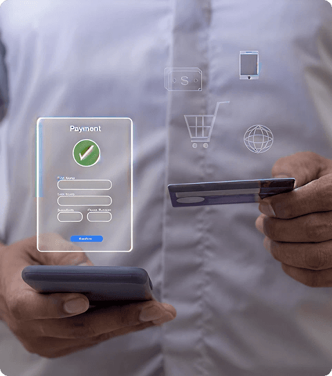 Man holding phone and credit card confirming green check mark