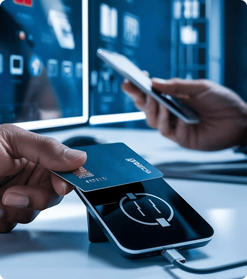 Hands routing payment terminal in low light computer setup