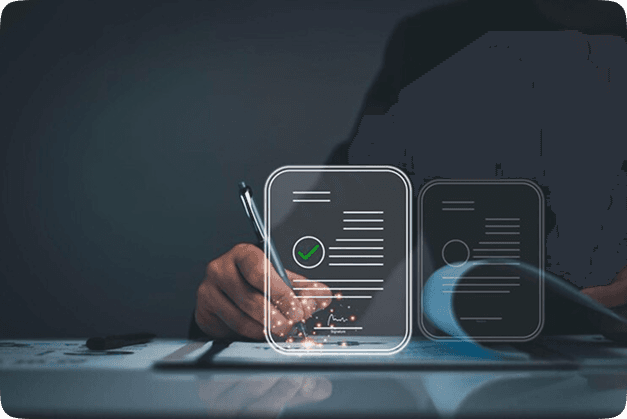 Person pointing to digital legal case synopsis icon