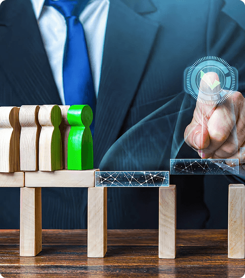 Hand tapping digital management concept with wooden blocks