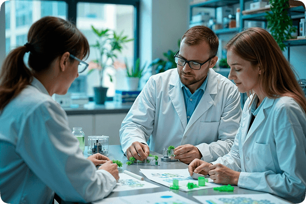 Scientists working collaboratively in clinical laboratory