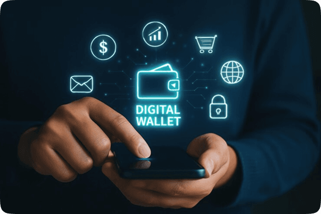 Person holding mobile phone pointing to a glowing digital wallet icon