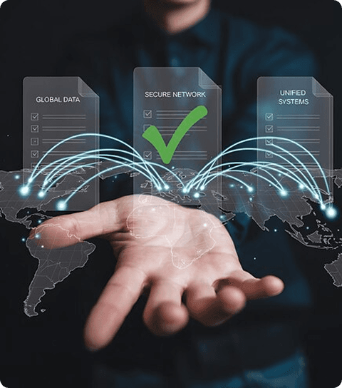 Person with an open palm hovering a global supply chain digital UI