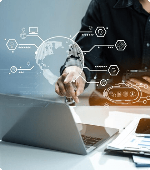 Person analyzing machine learning digital networks on a laptop