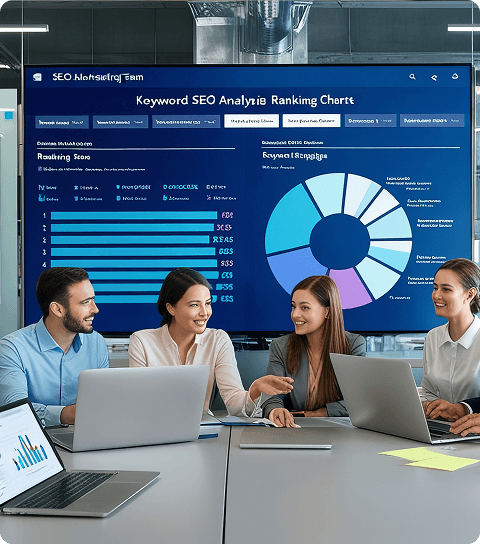 Team of executives reviewing performance metrics on a large screen