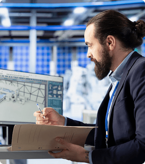 Professional analyzing data on multiple screens in office