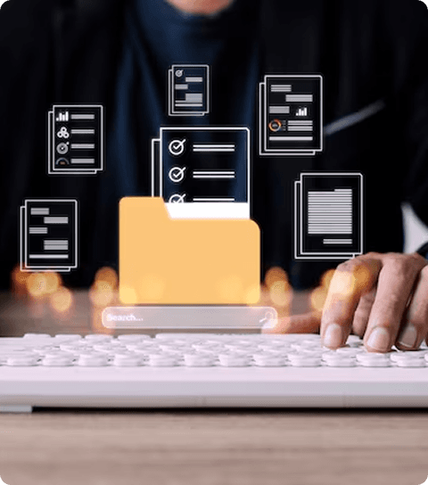 Futuristic digital overlay on paperless document workflow