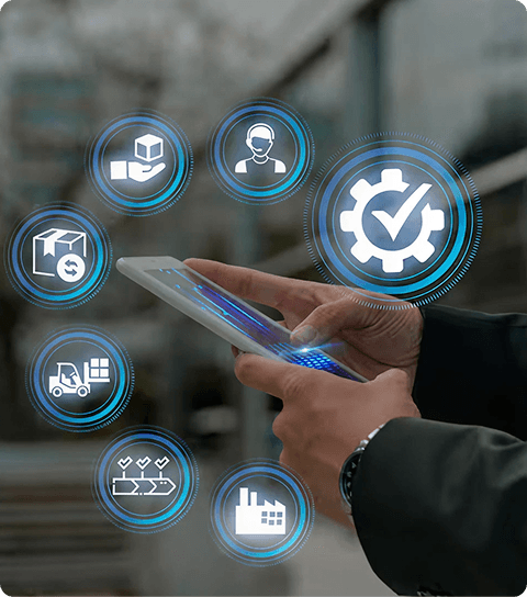 Person holding digital tablet showing connected equipment nodes