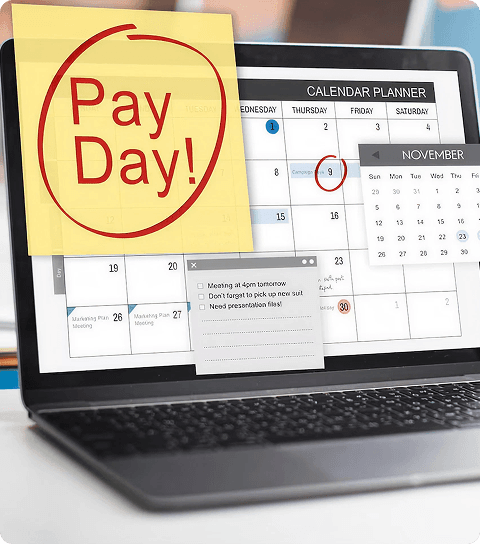 Laptop with a calendar and payment plan scheduling view, sticky note "Pay Day!"