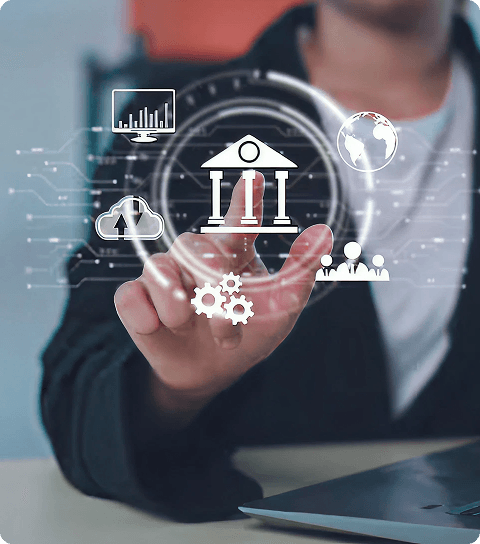 Man interacting with a futuristic third-party financial application hologram