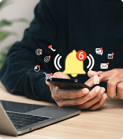 Hand tapping a digital alarm bell icon on smartphone