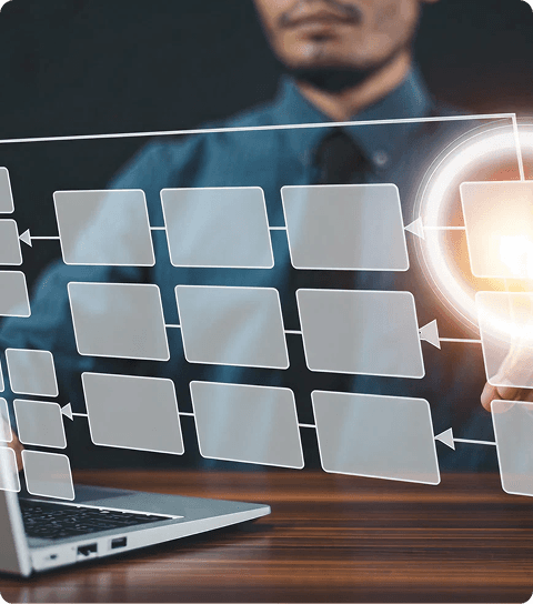 A man analyzing digital sequence segments in the air