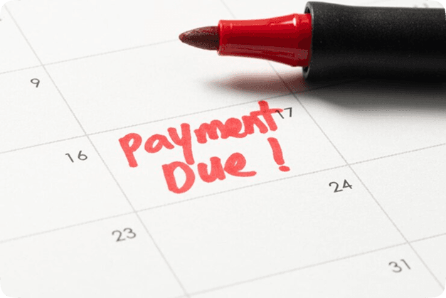 Calendar page displaying 'Payment Due!' with a red marker