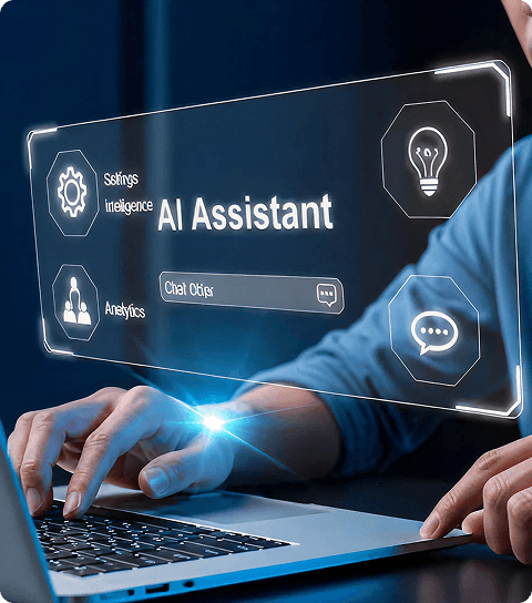 Person typing on a laptop with an AI Assistant graphic interface